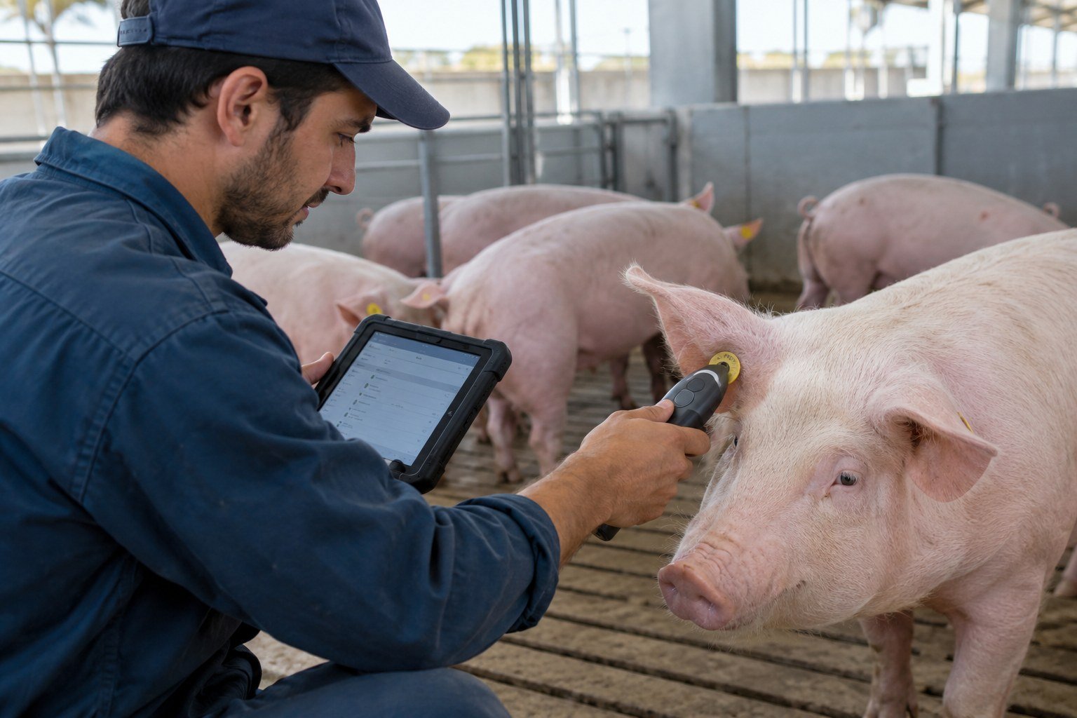 Técnico leyendo un RFID en un cerdo